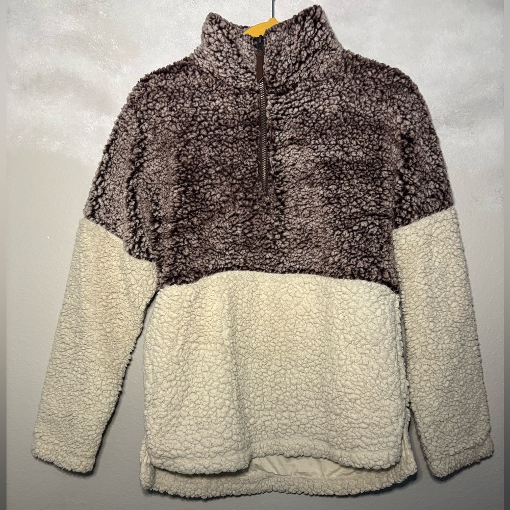 Elodie Teddy Half Zip Pullover Two Toned Purple and Cream Medium Cozy Sweater